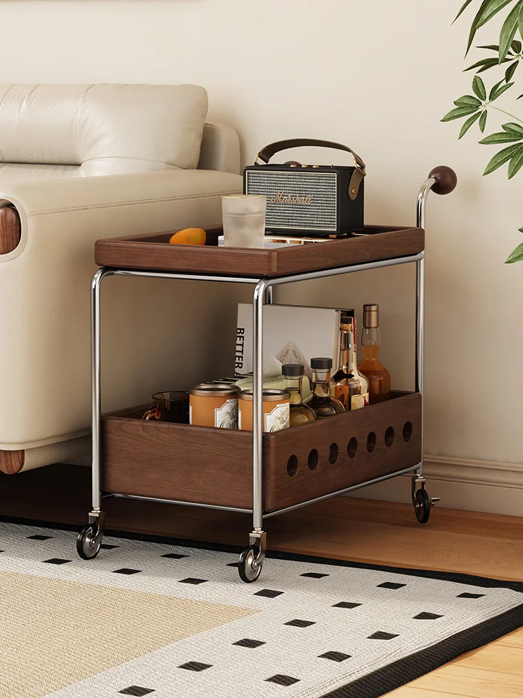 North American black walnut cart living room small apartment storage rack movable solid wood coffee table