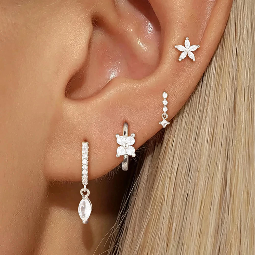 4PCS Stainless Steel Flower Helix Ear Studs Set For Women Horse Eye Zircon Dangle Earring Hypoallergenic Korean Fashion Jewelry
