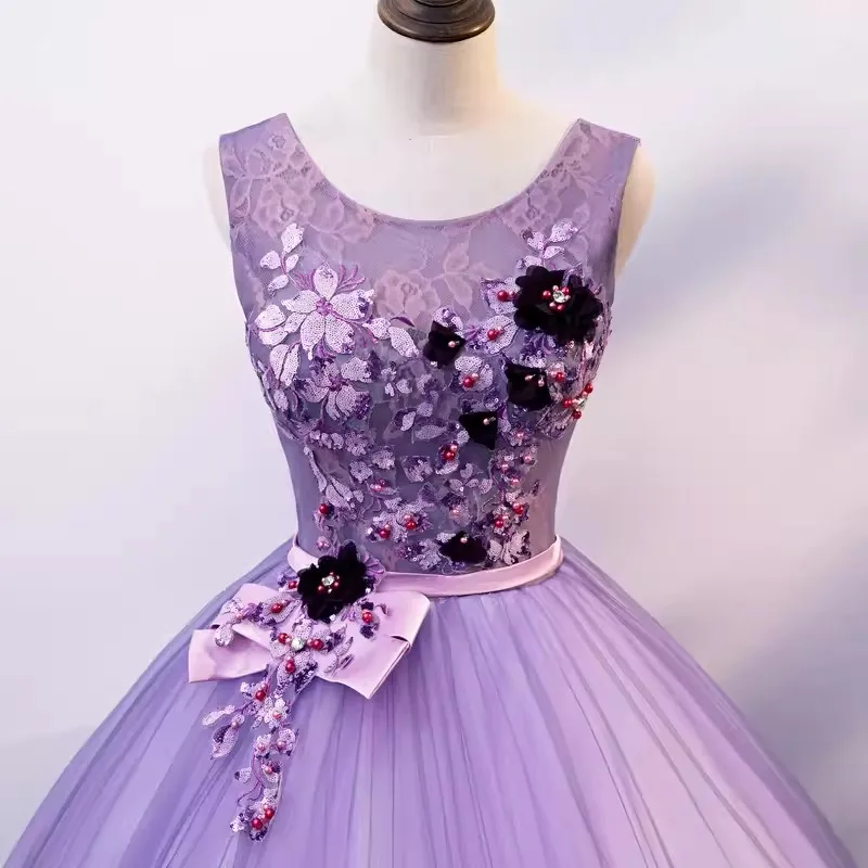 Charming Lilac Sweet 15 Girl Quinceanera Dresses O-Neck Flower Applique Ball Gown Dancing Formal Wear Prom Birthday Party Dress