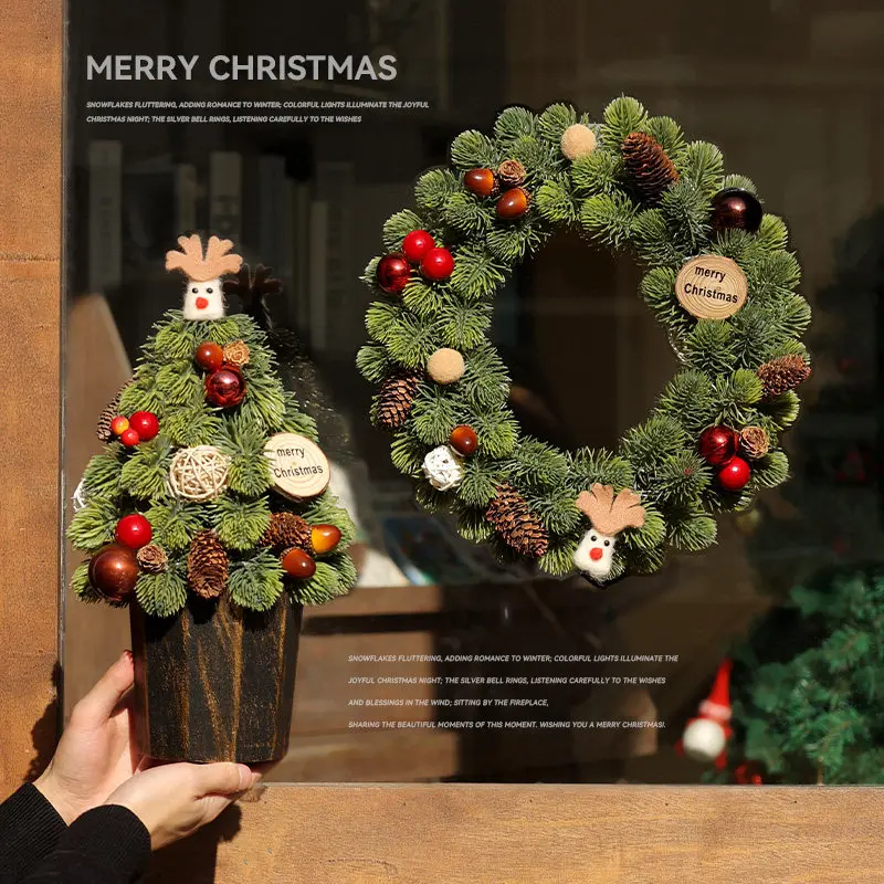 Premium Small Desktop Christmas Tree DIY Ornament Kits With Wreath Pendants For Shop Counter Holiday Scene Projects