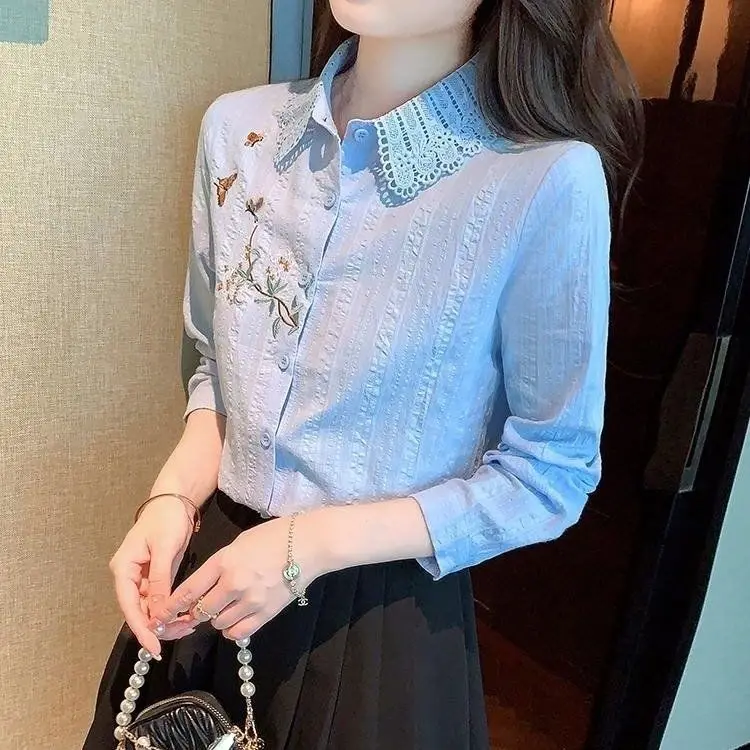 Pure Cotton Embroidered Large Size Shirt for Women Long Sleeves New Women Fashionable Lace Retro Versatile Cardigan
