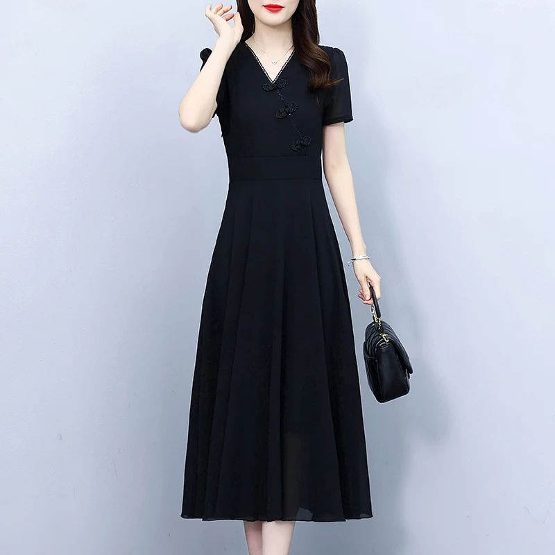 Women Black Chiffon Long Dresses Summer Female V Neck Short Sleeve Large Size Elegant A Line Disk Buckle Single-breasted Vestido