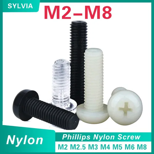 100/ 50/ 20 piezas M2 M2.5 M3 M4 M5 M6 M8 rosca métrica negro blanco Nylon plástico Phillips Pan cabeza Cruz tornillo redondo L = 4-60mm