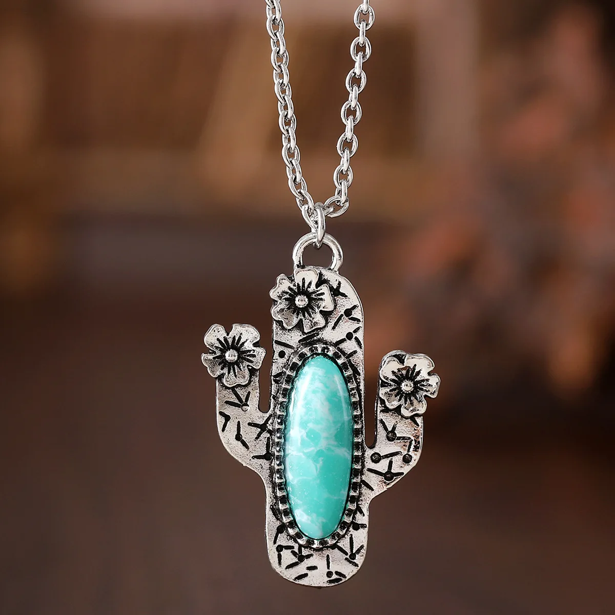 3.8*2.5cmWestern Saguaro Cactus Pendant Necklace for Women Turquoise Saguaro TURQUOISE CACTUS SILVERTONE NECKLACE Bohemian Style image 4