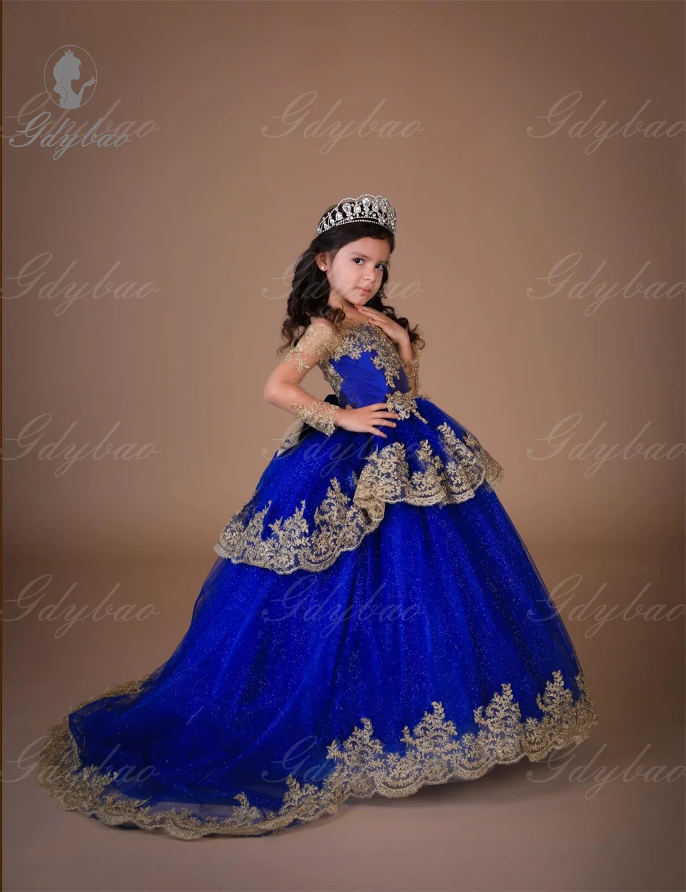 Girl Outfits Royal Blue Long Sleeves Puffy Flower Girl Dresses Gold Appliques Bow Tulle Children Princess Pageant Birthday Gown