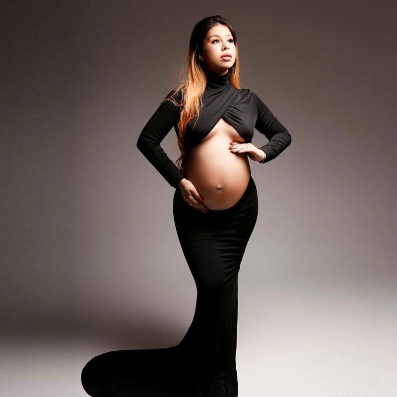 Pregnancy Dress Photography Props Maxi Gown Turtleneck Full Sleeve Cut Out Belly Bodycon Maternity PhotoShoot For Baby Shower