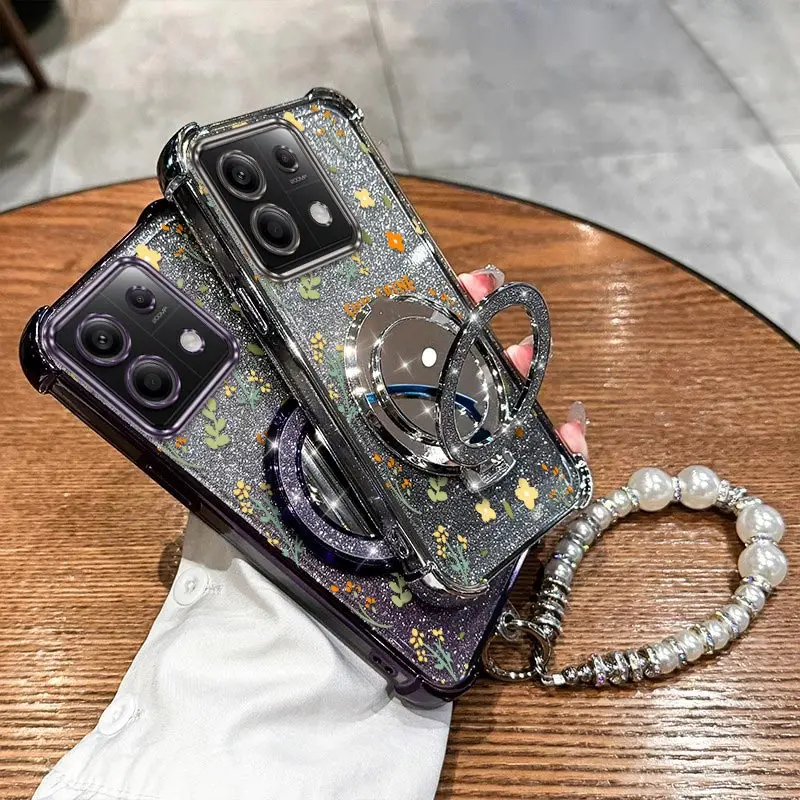 

X6 Floral prints Plating Bracelet Holder Phone Case For Xiaomi Poco M3Por M6 X6 C65 C75 X3Pro C55 M6Por X3NFC M5S M2 Cover