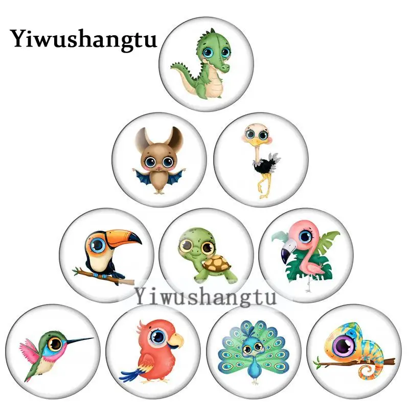 Cartoon animal big eyes bird tortoise dinosaur baby10mm/12mm/20mm/25mm Round photo glass cabochon demo flat back Making findings