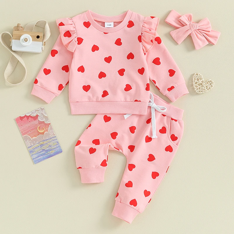 

0-3Y Baby Girls Fall Spring Outfits Long Sleeve Heart Print Sweatshirt Tops Pants Headband Set Kids Valentine's Day Clothes Set