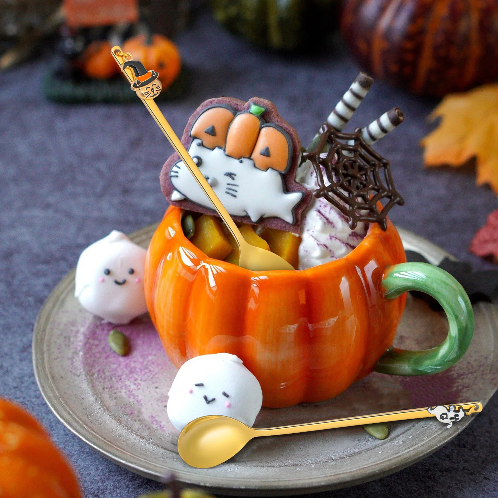 

4Pcs Creative Halloween Pendant Spoons Stainless Steel Dessert Coffee Stirring Tools Party Essential Halloween Pendant Spoons