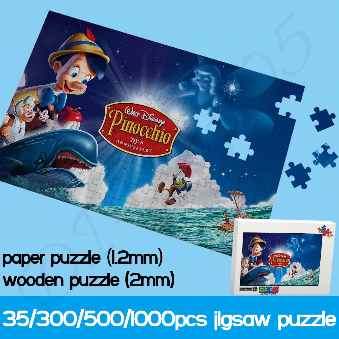 

1000 Piece Puzzles for Kids Disney Classic Animated Film Pinocchio Paper and Wooden Jigsaw Puzzles Handmade Educational Toys