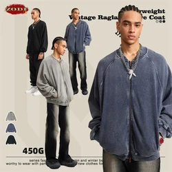 ZODF New Winter Washed Double Zipper Jackets For Men Unisex Loose Heavy Weight 450gsm Raglan Sleeve Cotton Coats HY0654