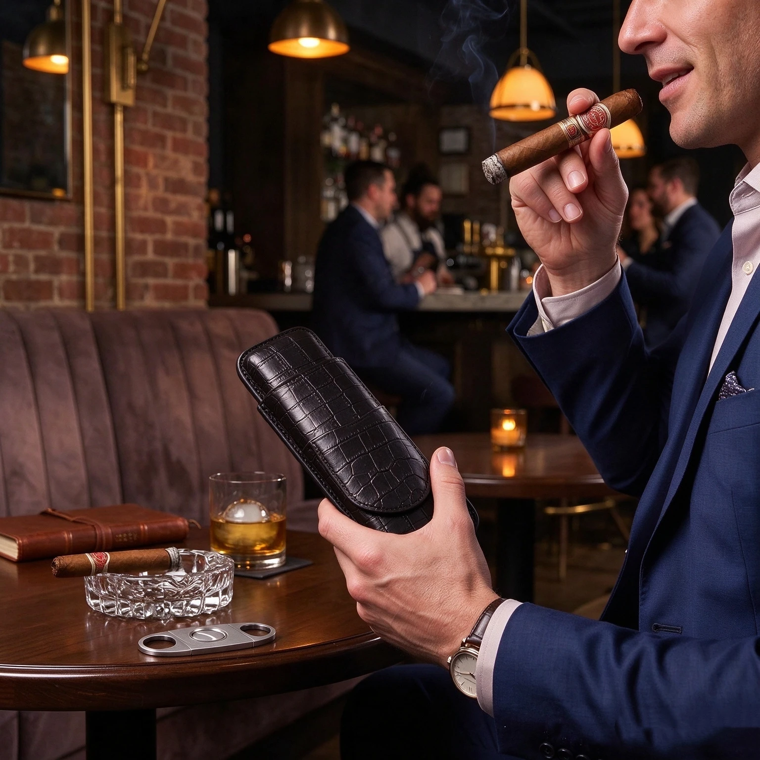 Classic 2-Finger PU Leather Cigar Case with Crocodile Embossed Texture Portable Travel Cigar Holder with Stainless Steel Cutter