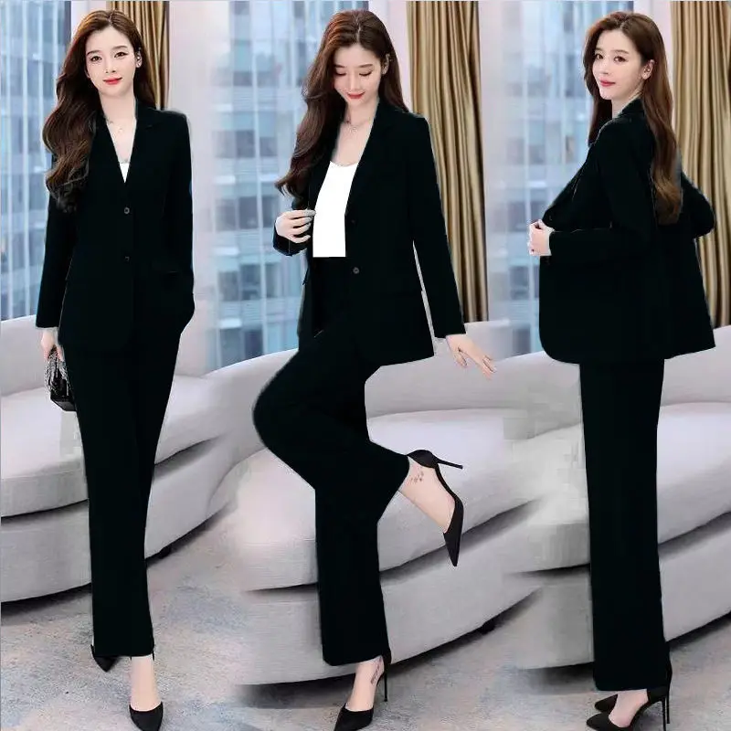 Women's Fashion Professional Suit Korean Elegant Spring Autumn New Casual Blazers Coat + Pants Two-piece Set Femlae Clothing