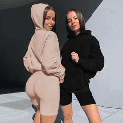 Women Fleece Two Piece Sets Elegant Solid Color Oversized Warm Hoodies and Long Pant Sports Suit Autumn Winter Tracksuit