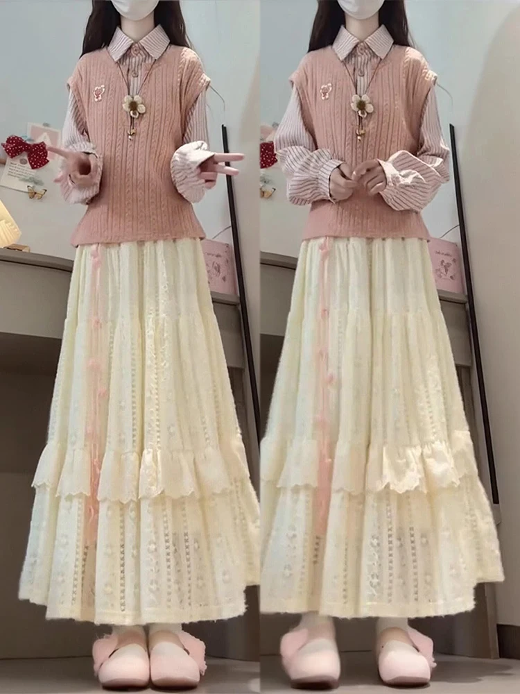 

Sweet Soft Pink Spring New Style Outfit Women's Fashion Set High Waist Long Skirt with Knot Decor Gentle Elegant Look