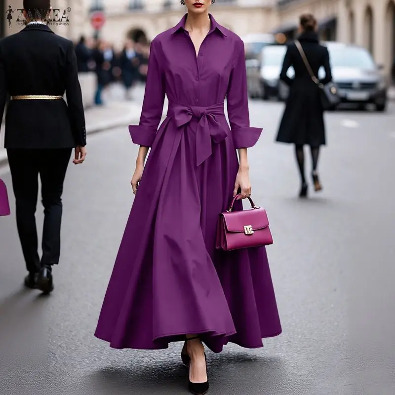 ZANZEA Vestido Elegante de Manga Larga con Cuello Solapa para Mujer, Vestido de Oficina de Moda, Primavera 2026, Vestido Sólido con Cinturón, Vestido de Trabajo Estilizado con Corte en A