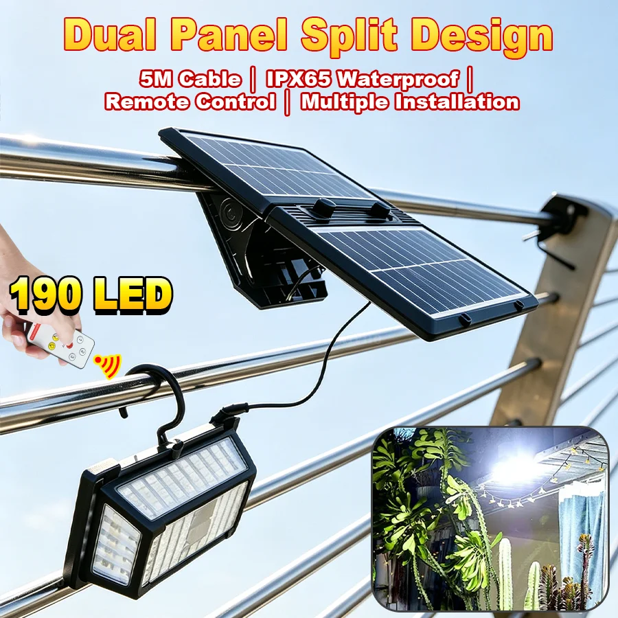 New Powerful Solar Light Outdoor Dual Panel 190 LEDs 5M Cable Split Wall Lamp IPX65 Waterproof for Garden Garage Patio Pathway