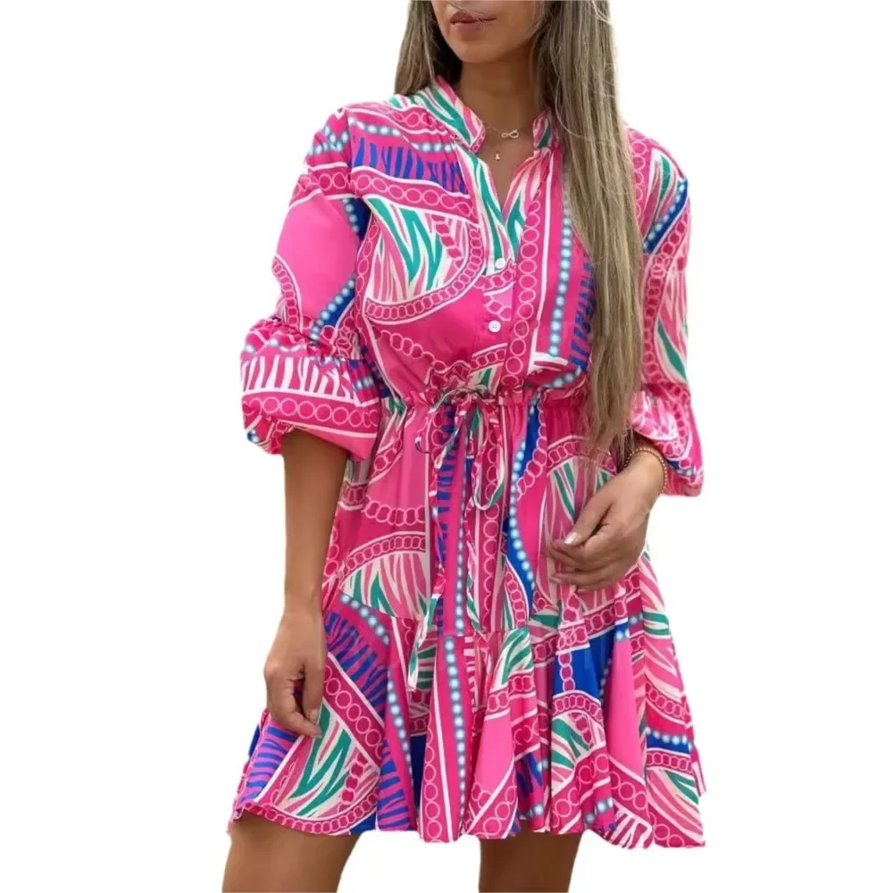 CPSYMYM Abiti da torta da donna svasati a maniche lunghe stampati alla moda Primavera autunno nuova coulisse in vita elegante abito camicia femminile