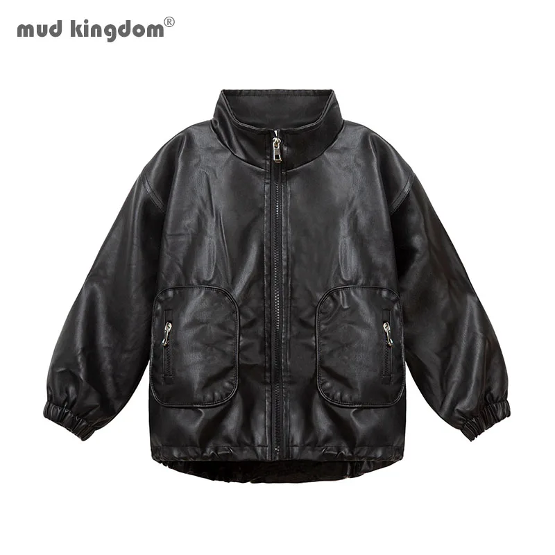 Mudkingdom Boys Girls Leather Jacket Warm Fleece Lined Thickening Winter Clothes for Kids Black Coat Pockets Full Zip Outerwear