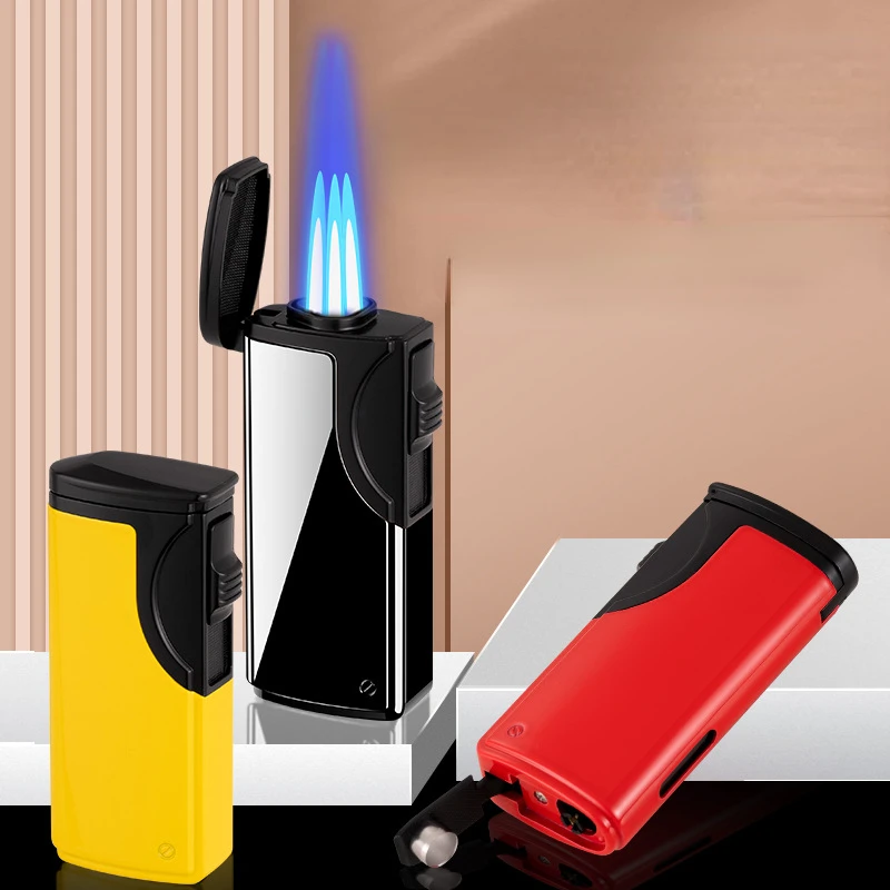 

New Cigar Three Straight Punch Inflatable Lighter Can See Through The Gas Warehouse Windproof Metal Butane Lighter Gifts For Men