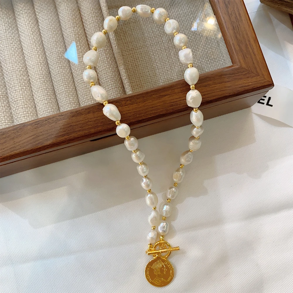 Trendy Fashion  Freshwater pearl Gold Coin Pendant Necklace for women's Girl Choker party gift  Jewelry wholesale