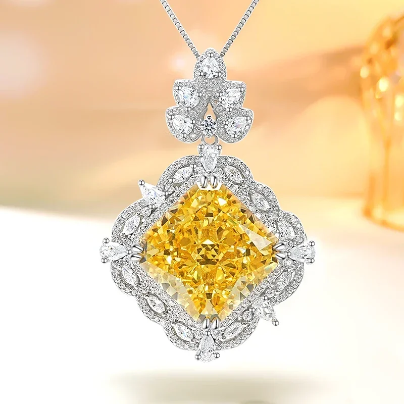 

Fashionable Luxury Precision Square Yellow Diamond Pure Silver Pendant Set with High Carbon Diamond Wedding Jewelry