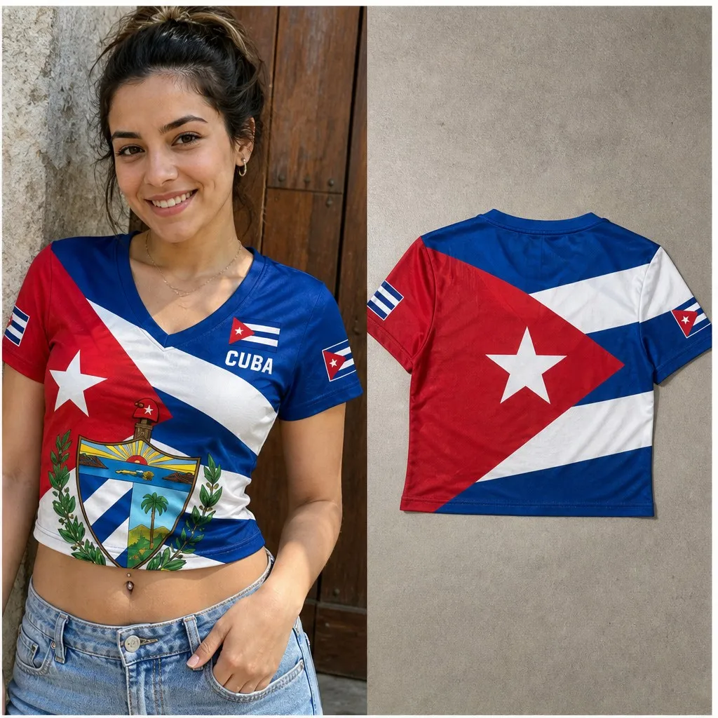 Womens Cuba V Neck Short Sleeve Crop Top Flag Crest Star Graphic Casual Summer Shirt for Street Travel Festival Everyday Outfits