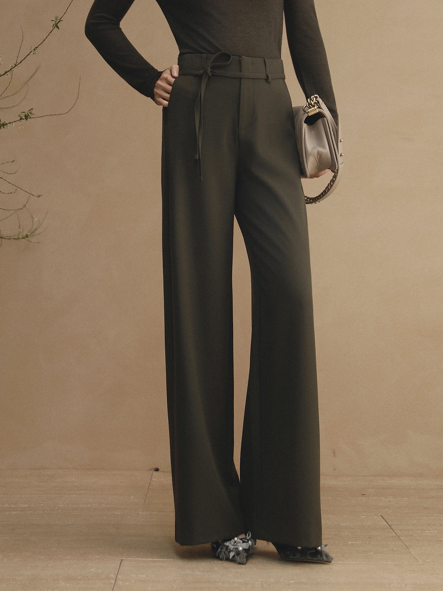 

Женские повседневные брюки с высокой талией, широкими штанинами, поясом, из смесовой ткани, со съемными элементами, для работы, весна 2026, новинка