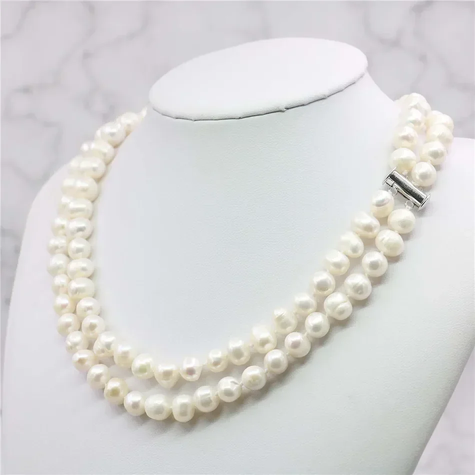 

2 Rows 8-9mm White Akoya Saltwater Pearl Necklace 17-18inch Beads Hand Made Jewelry Making Natural Stone Wholesale Price