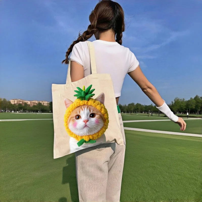 1pcKawaii Pineapple Cat Double-Sided Canvas Tote Bag, Casual Large Capacity Shoulder Handbag, Eco-Friendly Reusable Shopping Bag