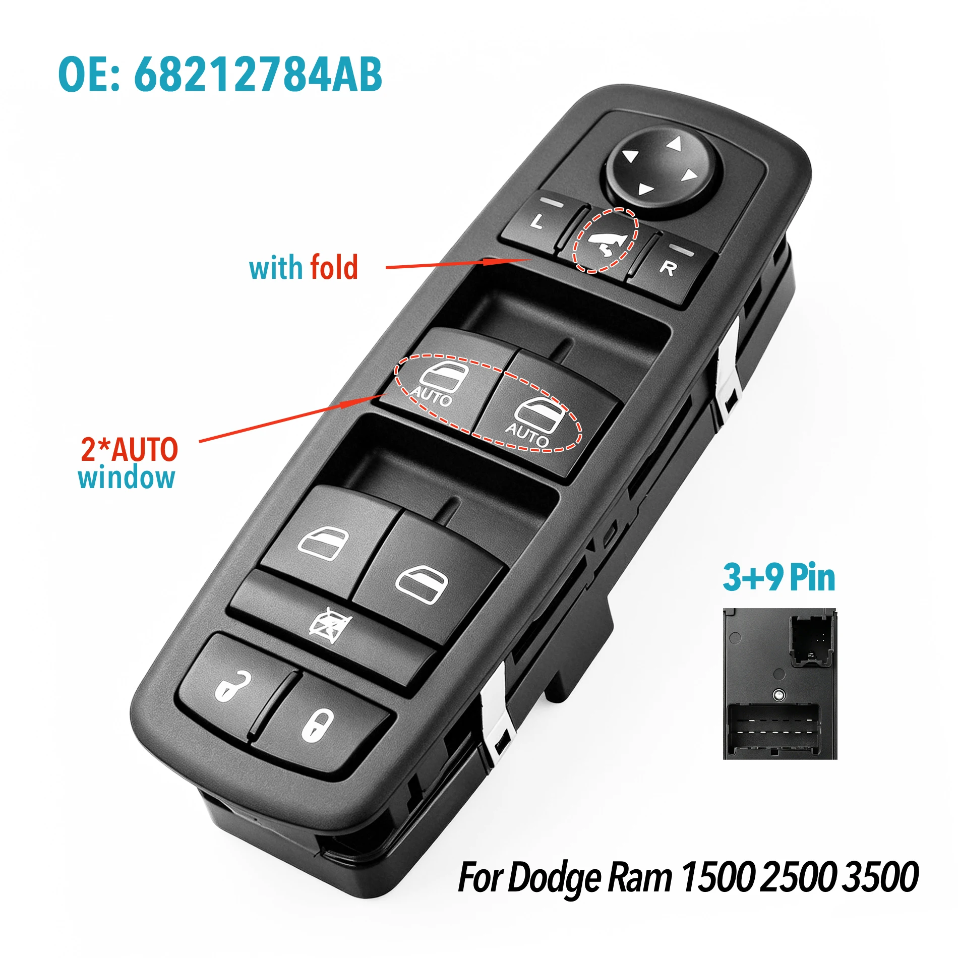 68212784AB 3+9 Pin For Dodge Ram 1500 2500 3500 2013 2014 2015 2016,Front Driver Side Power Window Glass Lifter Control Switch view 4