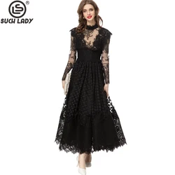 Women's Runway Dresses Stand Collar Embroidery Lace Sexy Tulle Laid Over Elegant Designer Party Prom Gown