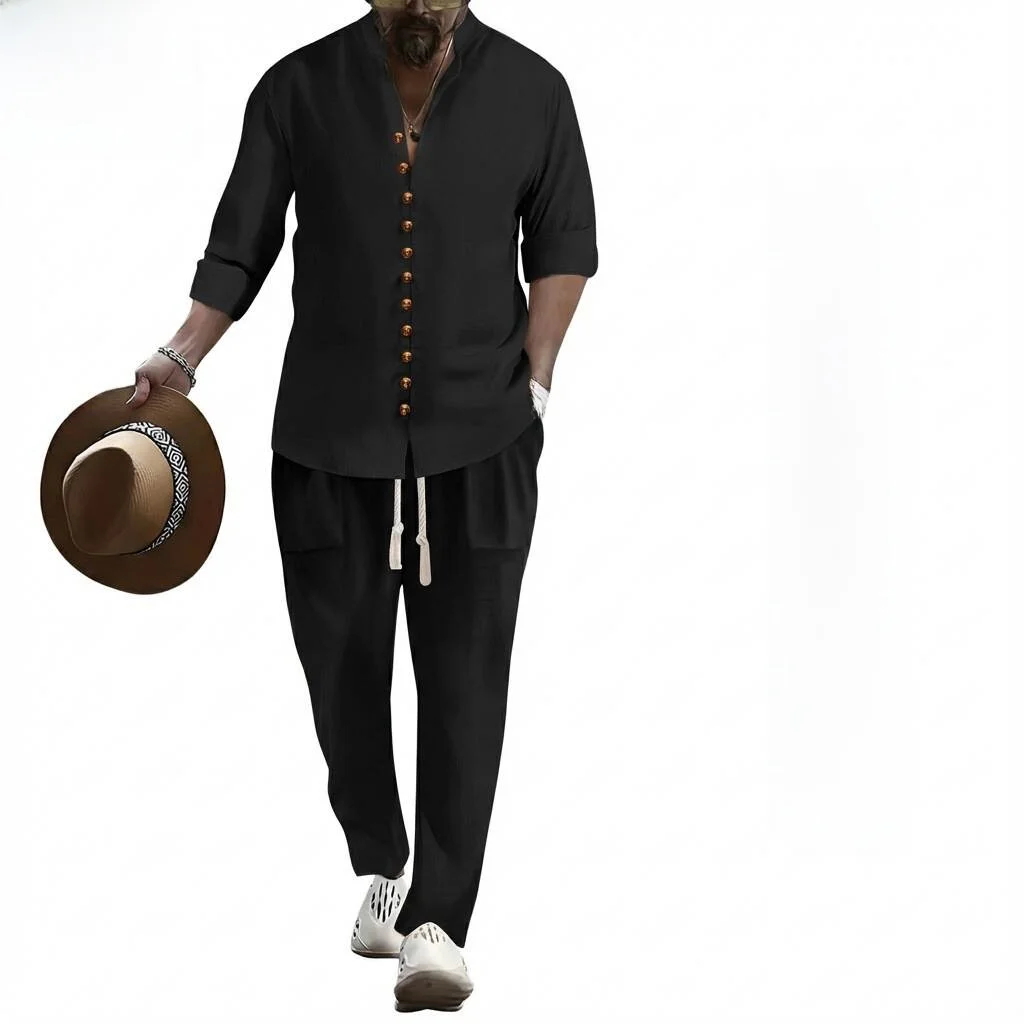 

Мужская хлопково-льняная рубашка свободного кроя с длинными рукавами и брюки, комплект из двух предметов, осенняя модная молодежная одежда, удобная одежда