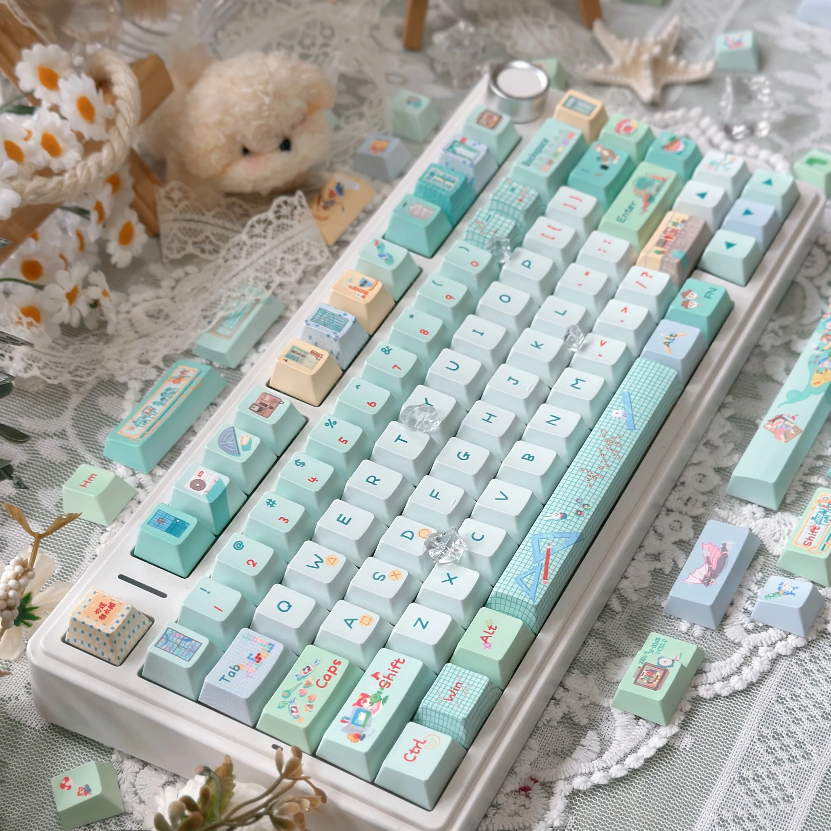 Kawaii Cartoon 130 Keys Keycaps Cherry Profile PBT 5‑side Dye‑Sublimated Keycap Set for MX Switches DIY Gaming Keyboard Mod Gift