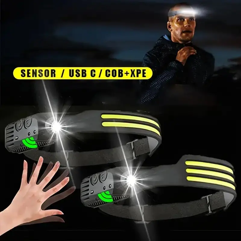 COB LED Headlamp Sensor USB Rechargeable Built-in Battery 5 Lighting Modes Headlight For Outdoor Camping Fishing