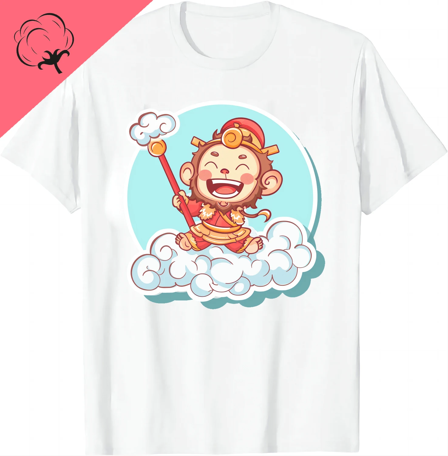 Chinese Culture Inspired: Cute Monkey Wealth & Prosperity Tee Cotton Cute Sun Wukong Cartoon Design T Shirt Graphic T Shirts