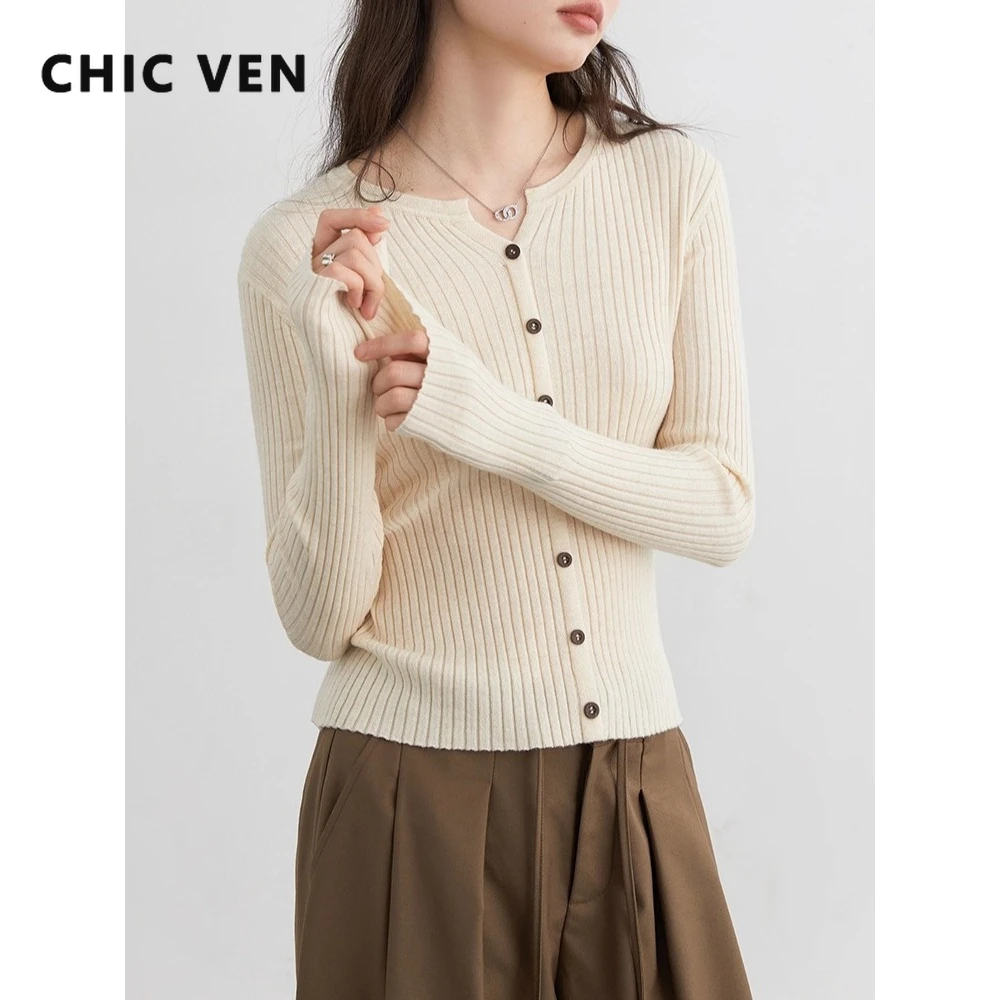 CHIC VEN 패션 여성 가디건 솔리드 슬림 뉴 브이넥 핏 스트라이프 니트 스웨터 콘트라스트 언더셔츠 봄 가을 2025