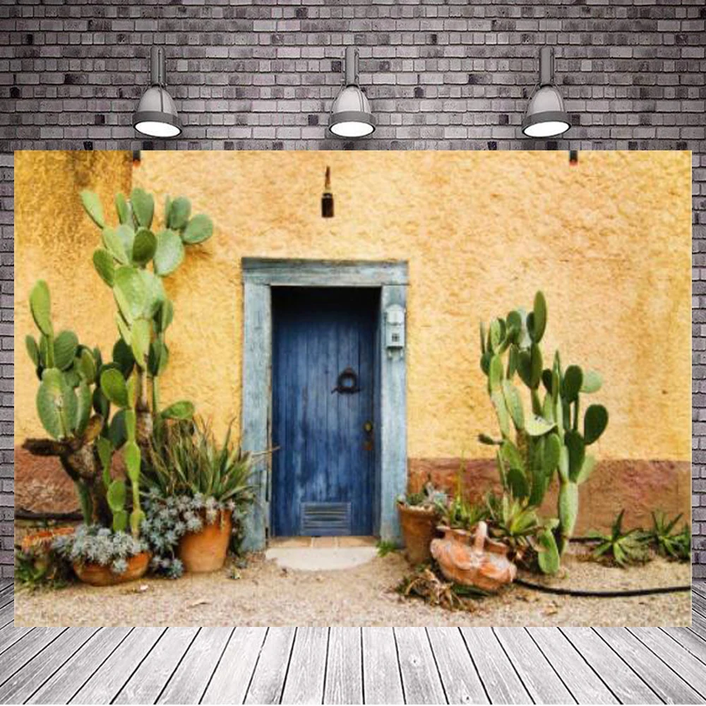 

Photography Backdrop Cactus Western Building Desert Plant Saguaro Grunge Stone Wall Flowerpot Garden Door Cowboy Background