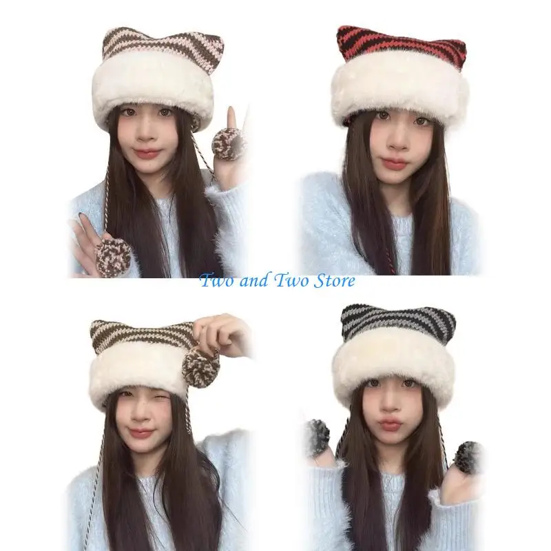 HX6F شريط قبعة قبعة سميكة أفخم القط الأذن إفشل قبعة للتزلج المشي لمسافات طويلة العالمي سيدة يندبروف بيني للطقس البارد #4