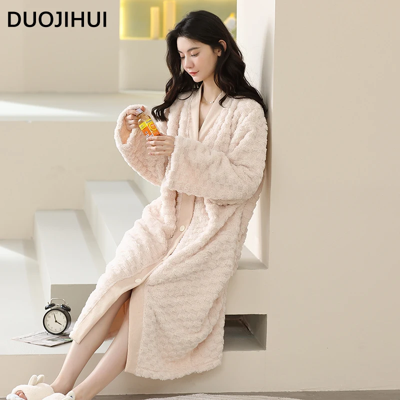 DUOJIHUI New Classic Pure Color V-neck Robes for Women Winter Basic Simple Loose Casual Fashion Single Breasted Female Sleepwear