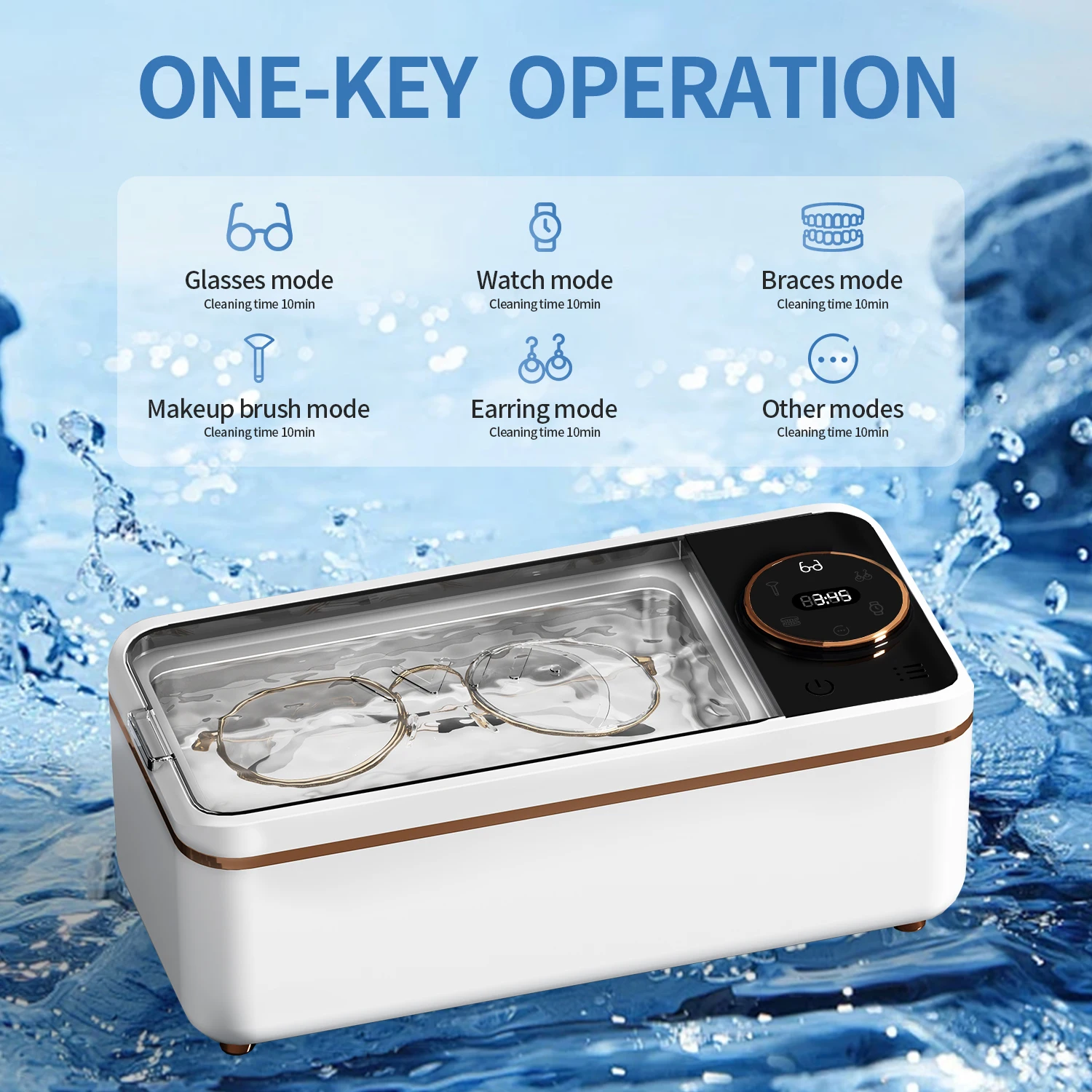 Ultrasonic frequency 55 KHZ, portable eyeglass cleaning machine, 6 modes with digital display and timer. An efficient tool based