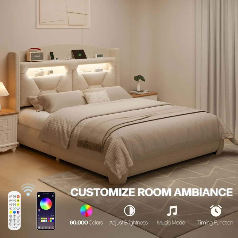 إطار سرير بحجم كوين مع لوح رأسي، إطارات سرير بمنصة منجدة مع أضواء LED لمحطة شحن التخزين، سميكة ناعمة