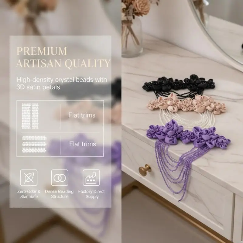 1Pcs Flash Crystal Tassel Chest: Flower Shoulder Patch NEW Bead Applique High Quality Satin Pleated Handmade 3D Flowers Tassel