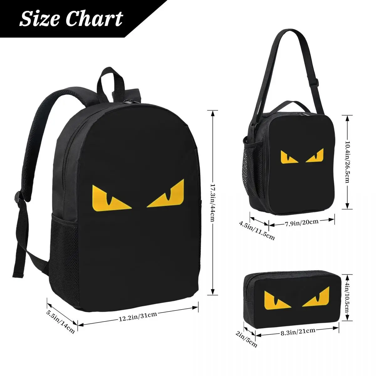 Custom Yellow Eyes 3PC-Set Backpack Pencil Bag Student School Bag children's Lunch Bag