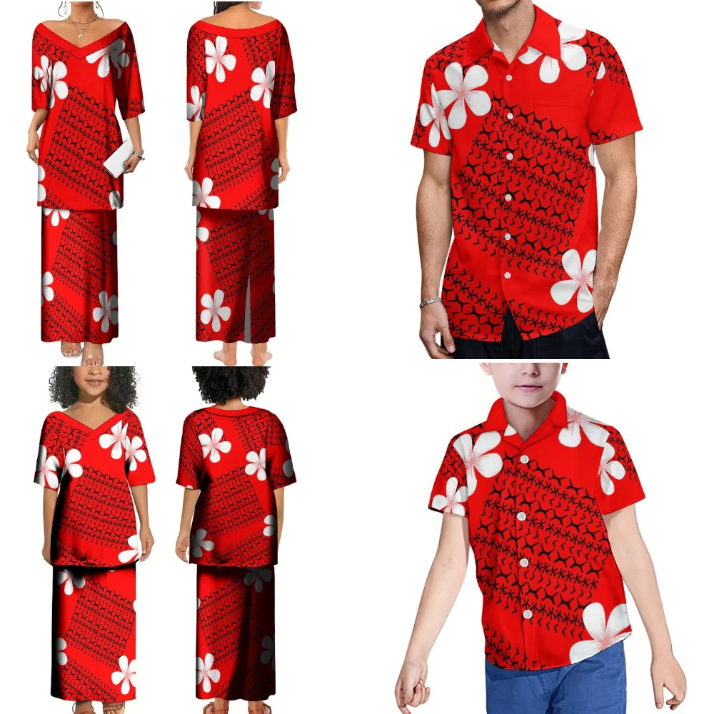 

Polynesian Floral Print Samoa Club Custom Family Party Clothing Summer Women Girls Large V-Neck Puletasi Men Boys Casual Shirt