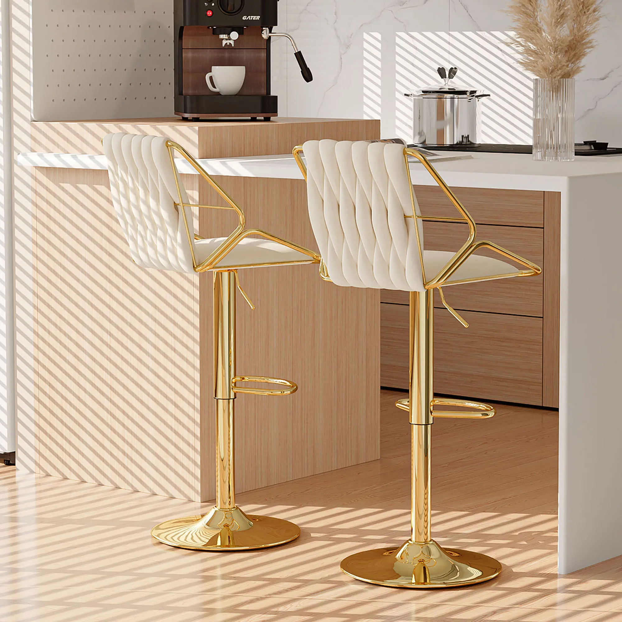 2 Pcs Modern Bar Stool with Backrest and Metal Leg , Adjustable Height Small Bar Stools, Velvet Fish Scale Pattern Counter Stool