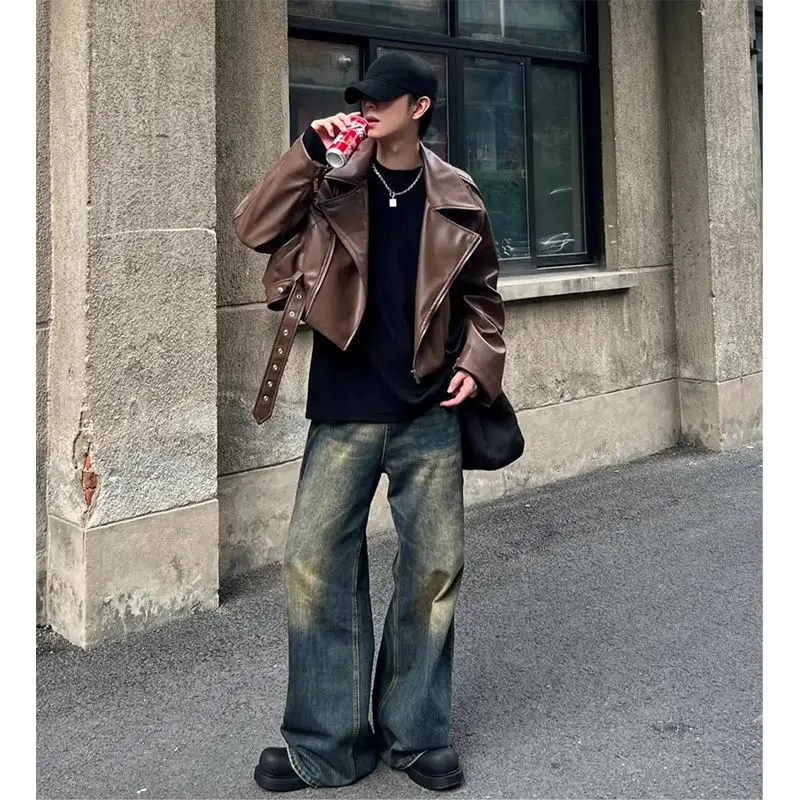 American Style Vintage Punk Short Brown Leather Coat Men's Fashionable High Sense Padded Shoulder Maillard Wear