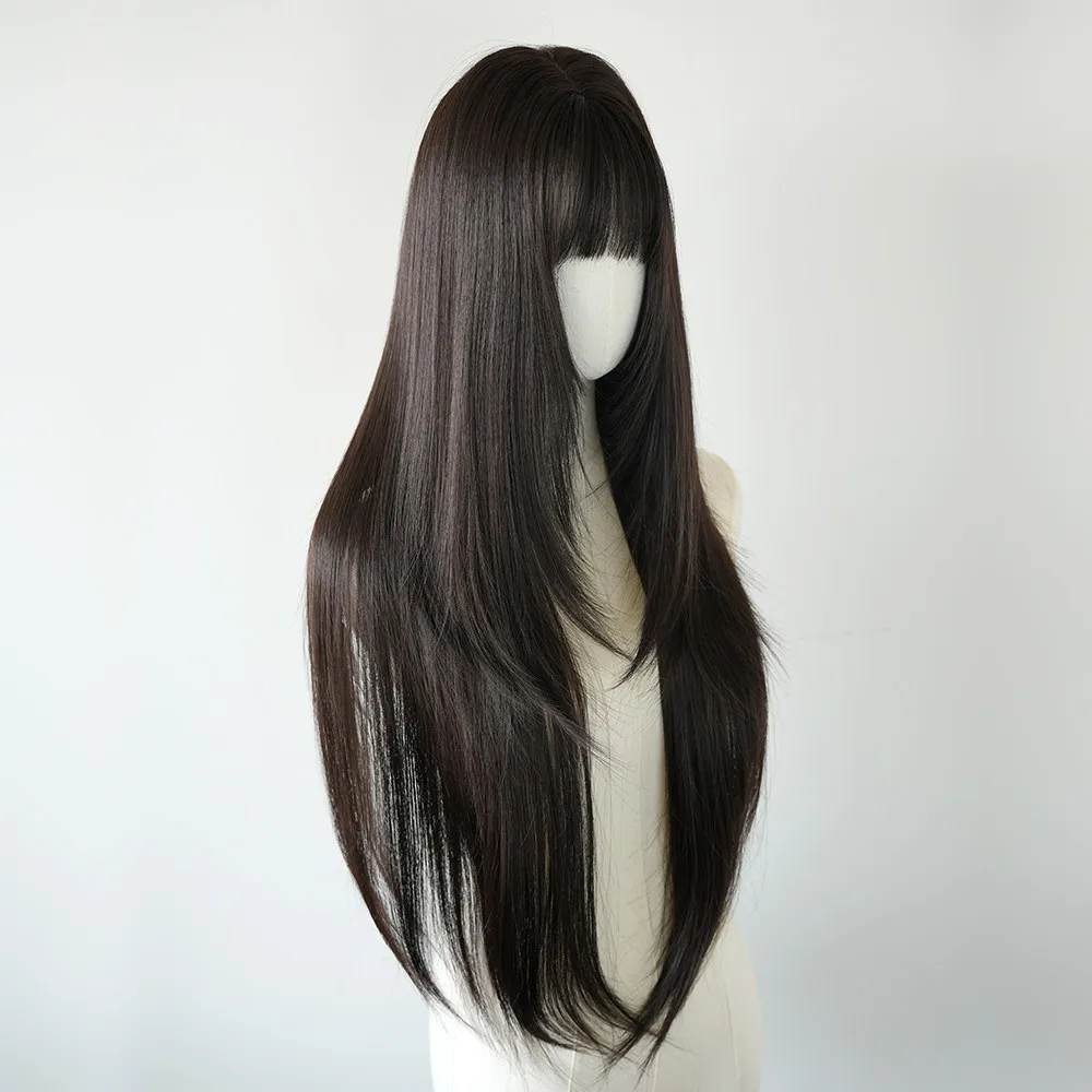 Black long straight wig female long hair full hood Qi bangs natural daily high level Tian Wanyong
