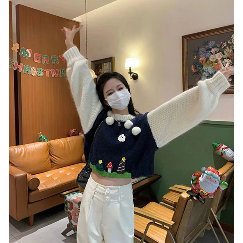 

Укороченный рождественский свитер, женский Harajuku, модные лоскутные вязаные пуловеры, уличная одежда, трикотажные изделия с длинными рукавами, зимние джемперы, новинка